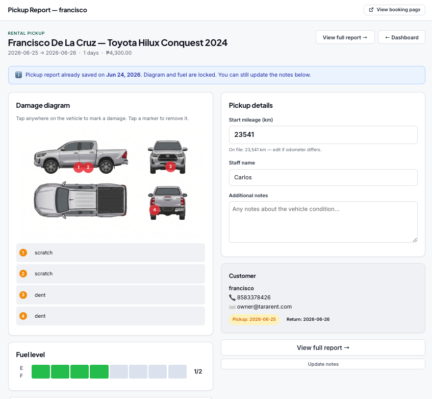 Pickup report — damage diagram, fuel level, and customer signature